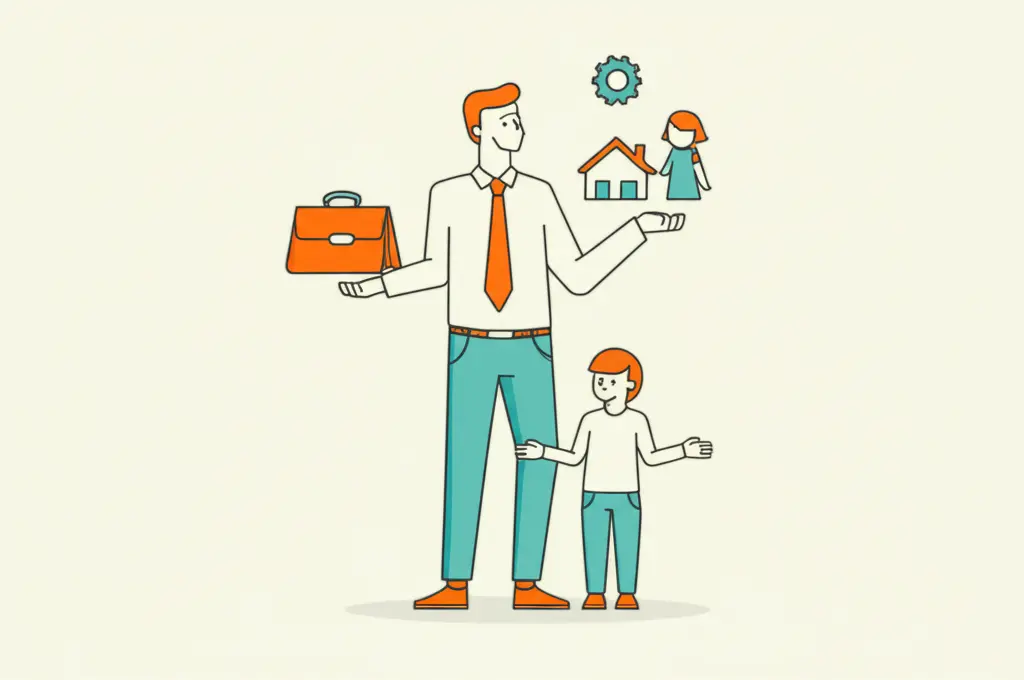 A hand-drawn illustration of a middle-aged person juggling work, family, and personal interests