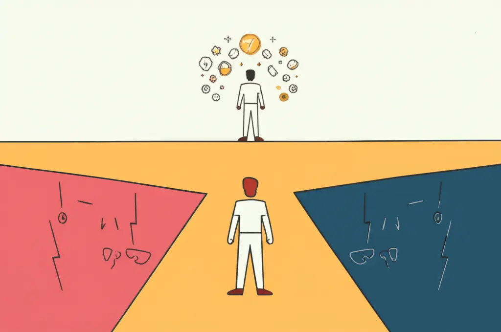 A simple line drawing of a person standing between two paths, one leading to rewards and the other to pitfalls.