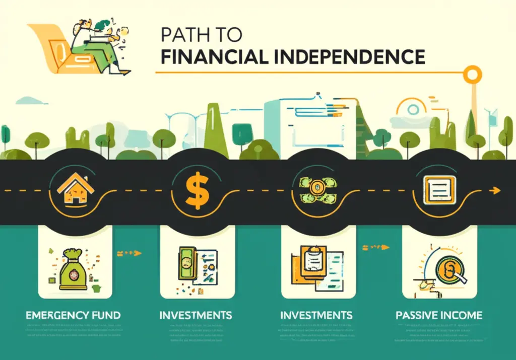 Roadmap to financial independence with milestones like 'Emergency Fund' and 'Investments'