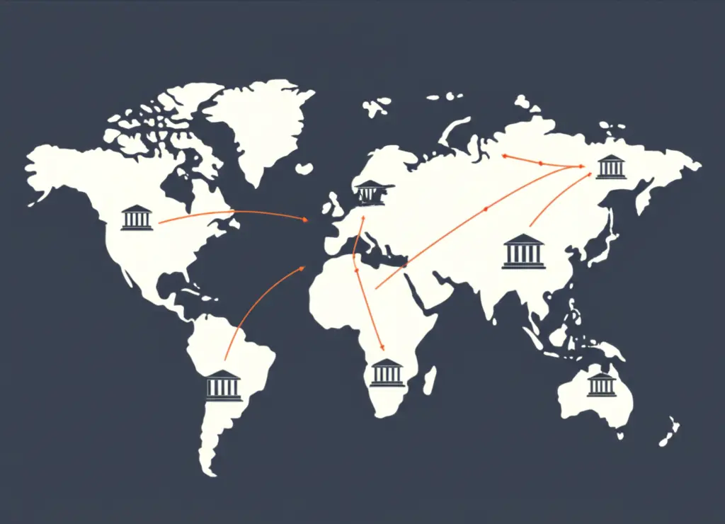 Bank buildings across a map with transfer arrows