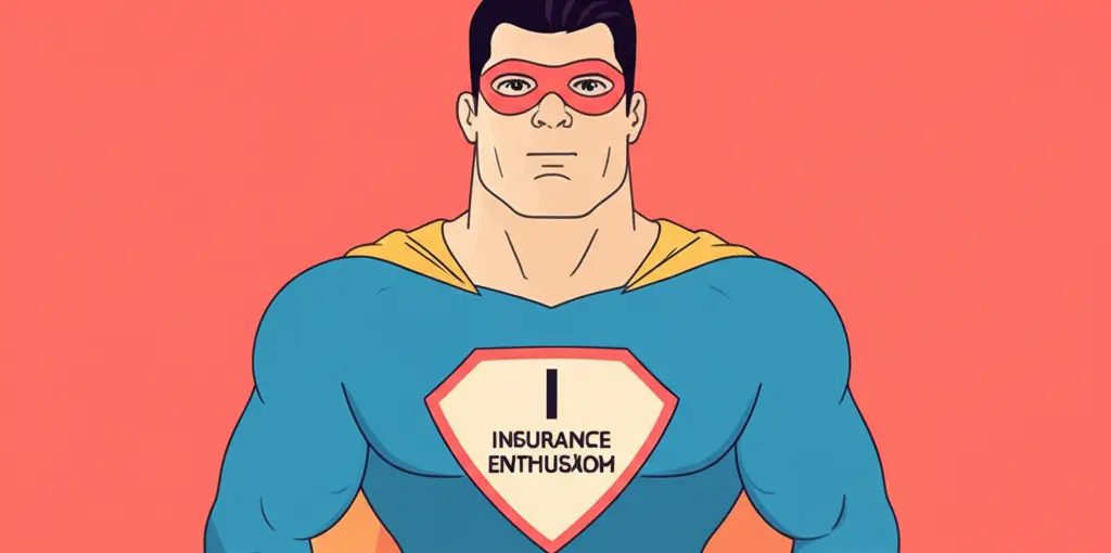 A cartoon superhero with 'Insurance Enthusiasm' as a symbol on their chest.