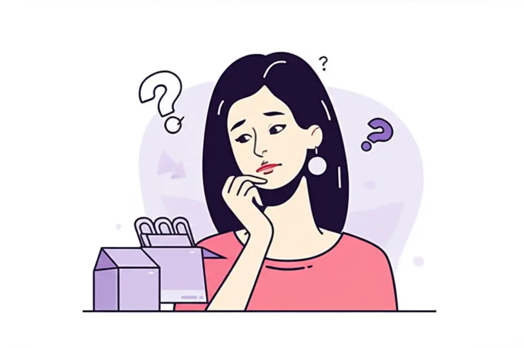 A thoughtful woman examining a box of contraceptives, with a questioning expression