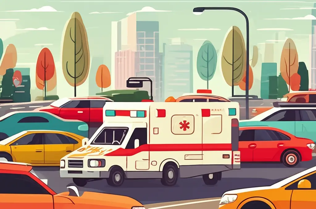 Hand-drawn style image of an ambulance in traffic