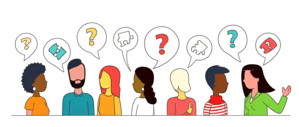 Diverse group of people having a curious conversation