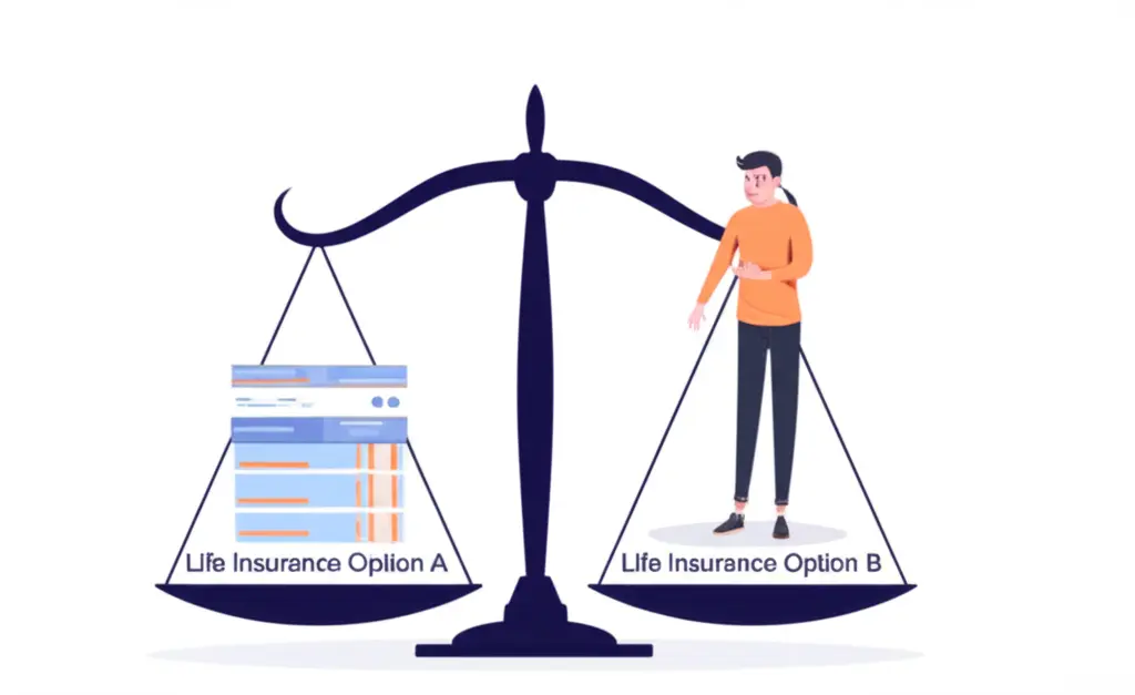 Cartoon of a person with a scale weighing life insurance options