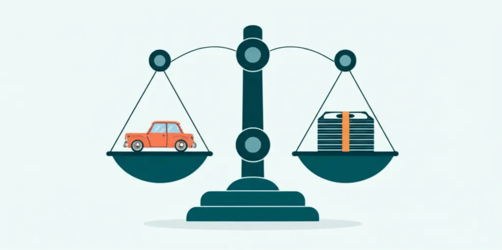 Balance scale with car and money
