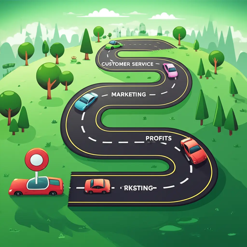 Cartoon-style depiction of a road map leading to car insurance success with pit stops labeled 'Customer Service', 'Marketing', and 'Profits'.