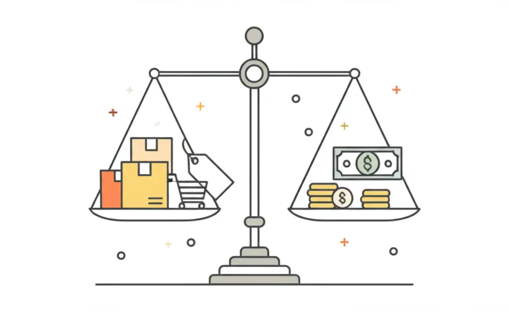 Minimalist illustration of a balancing scale with products on one side and money on the other.