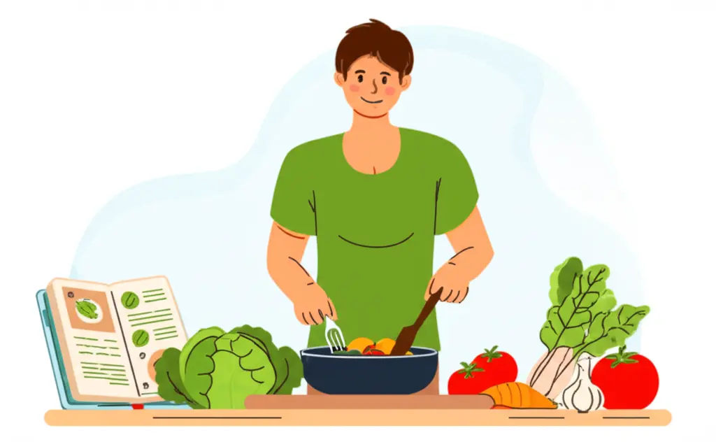 A cheerful person cooking a homemade meal, with a focus on fresh ingredients and a recipe book.