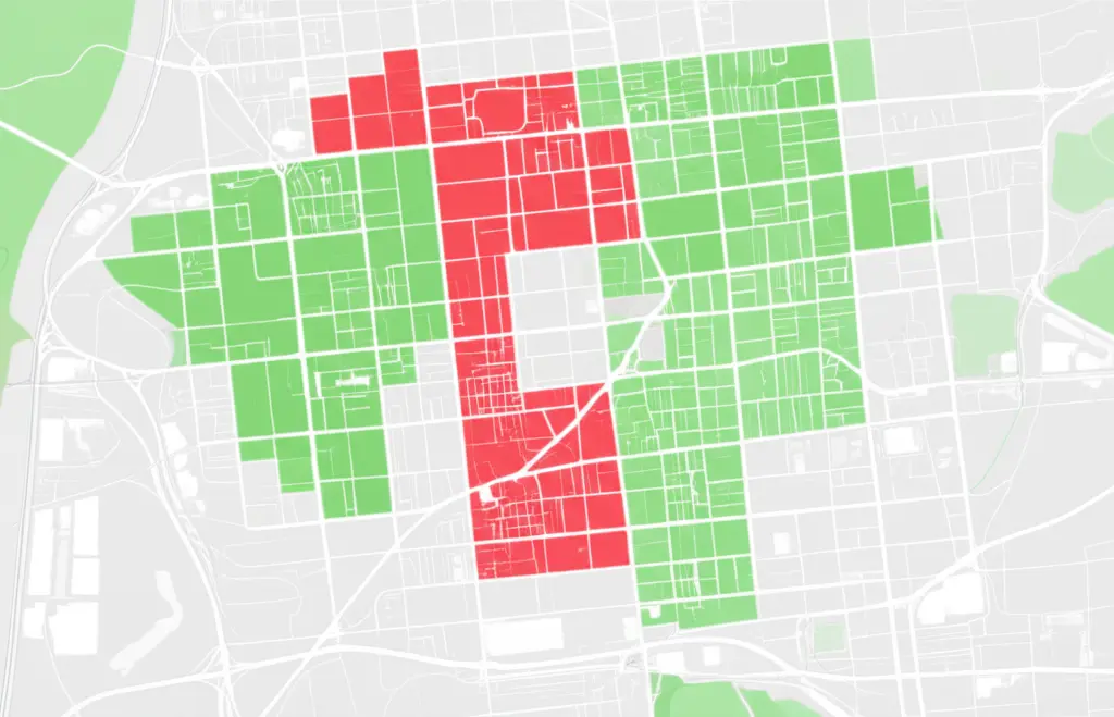 Map of city with safe and unsafe areas highlighted