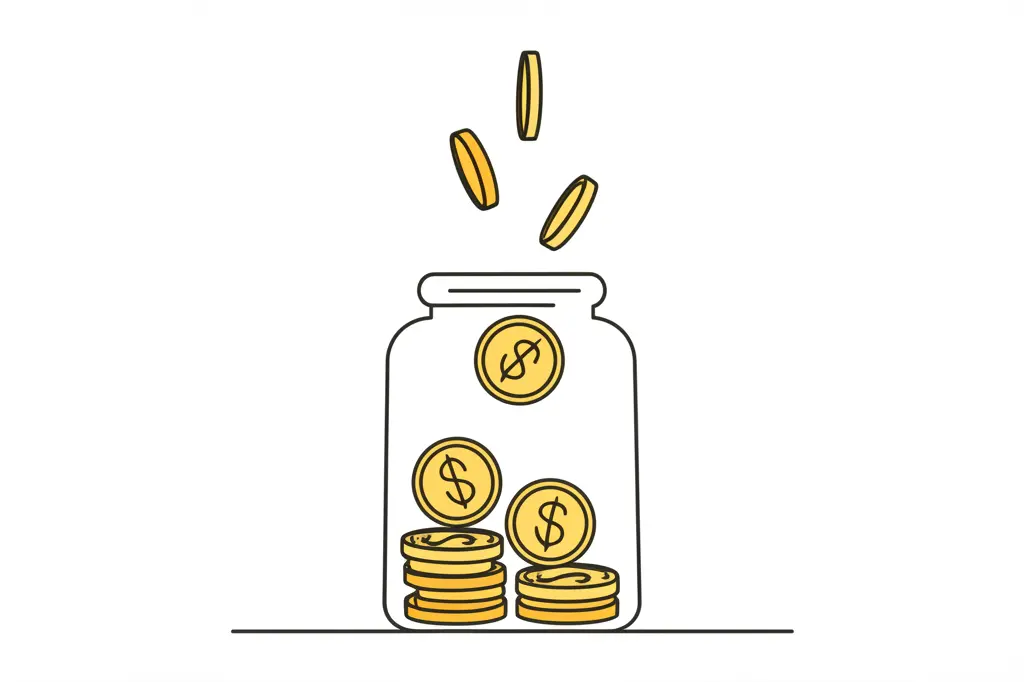 Minimalist hand-drawn illustration of a savings jar with coins dropping in.