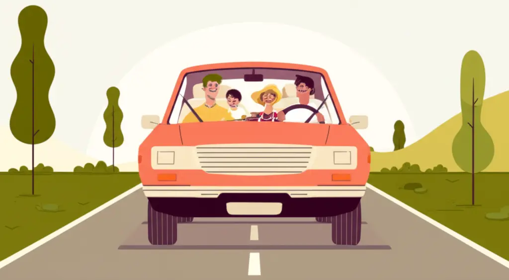 Family enjoying a road trip in an older car