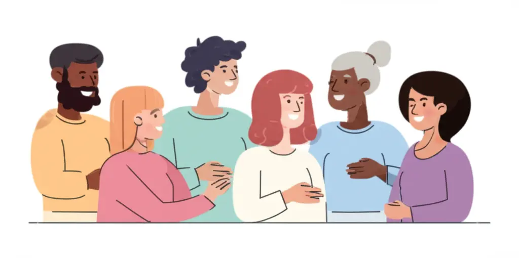 A cartoon depicting a group of diverse people in a casual meeting, smiling and brainstorming.