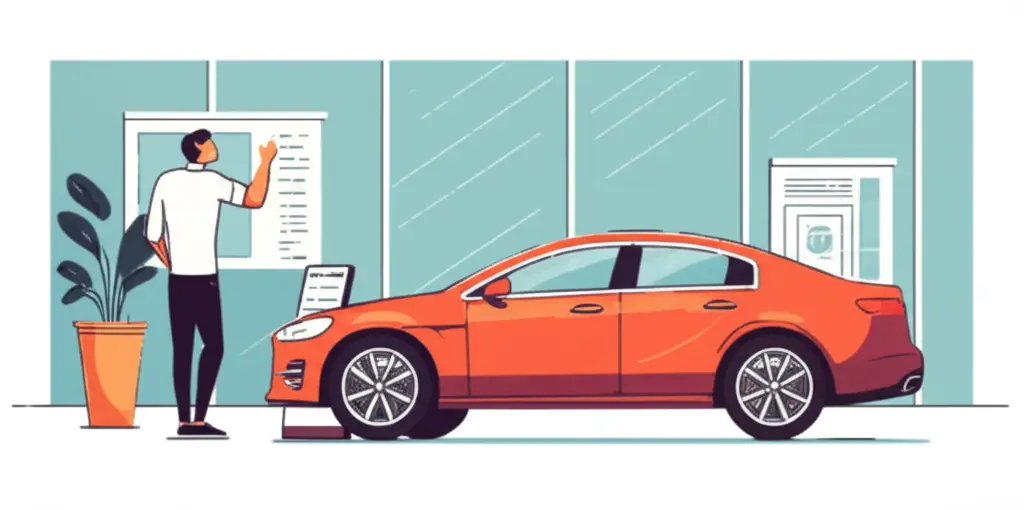 Person evaluating a new car in a showroom