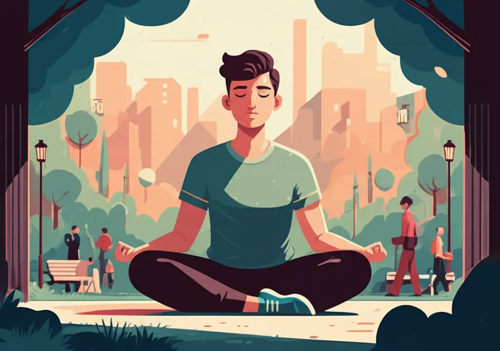 A person meditating in a busy city park, embodying finding peace in chaos.