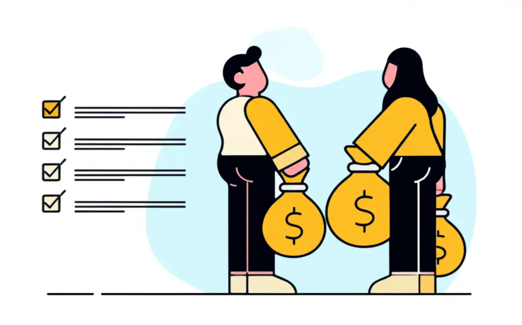 Person holding bags of money looking at a list of financial goals.
