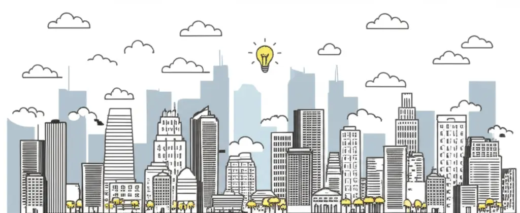 City skyline with floating idea clouds.