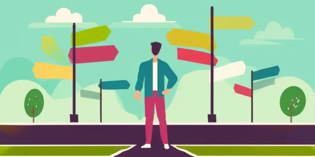 A cartoon image of a person standing at a crossroads with different career paths symbolized by signposts