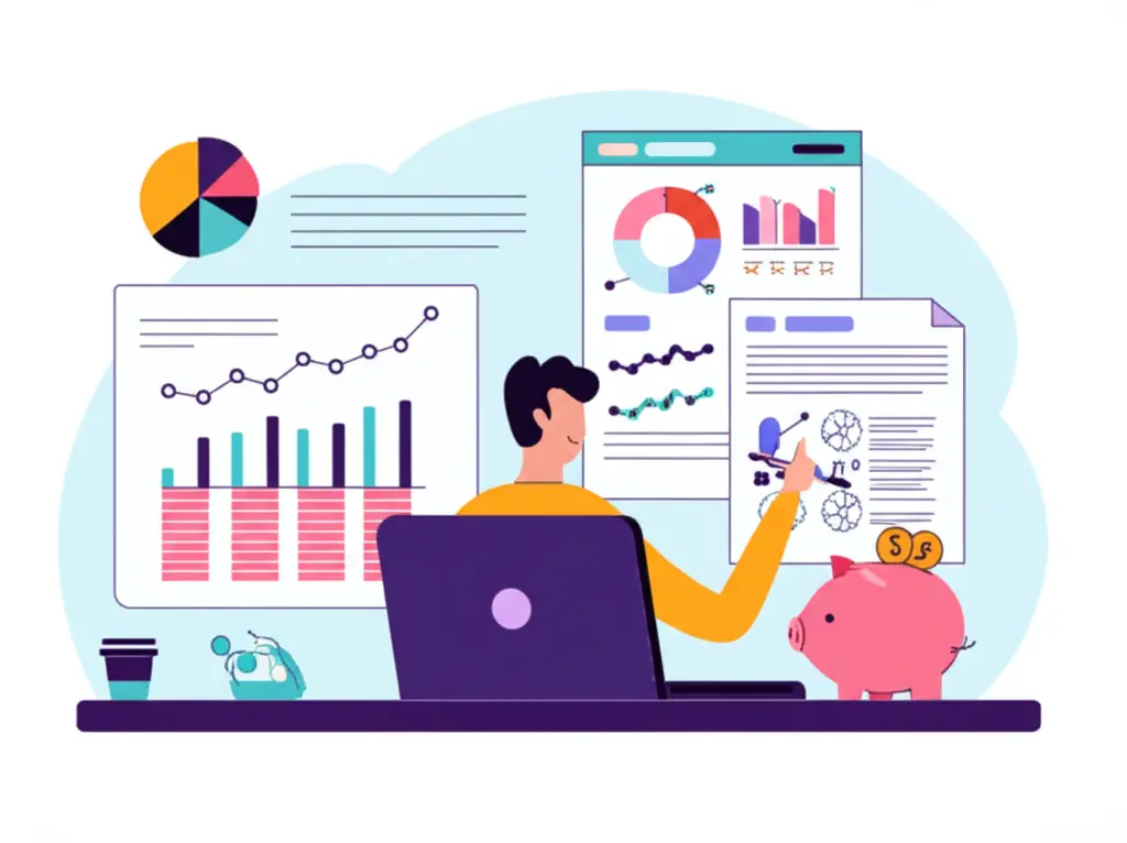 Cartoon-style image of a person sitting at a desk, assessing finances with charts and piggy banks.