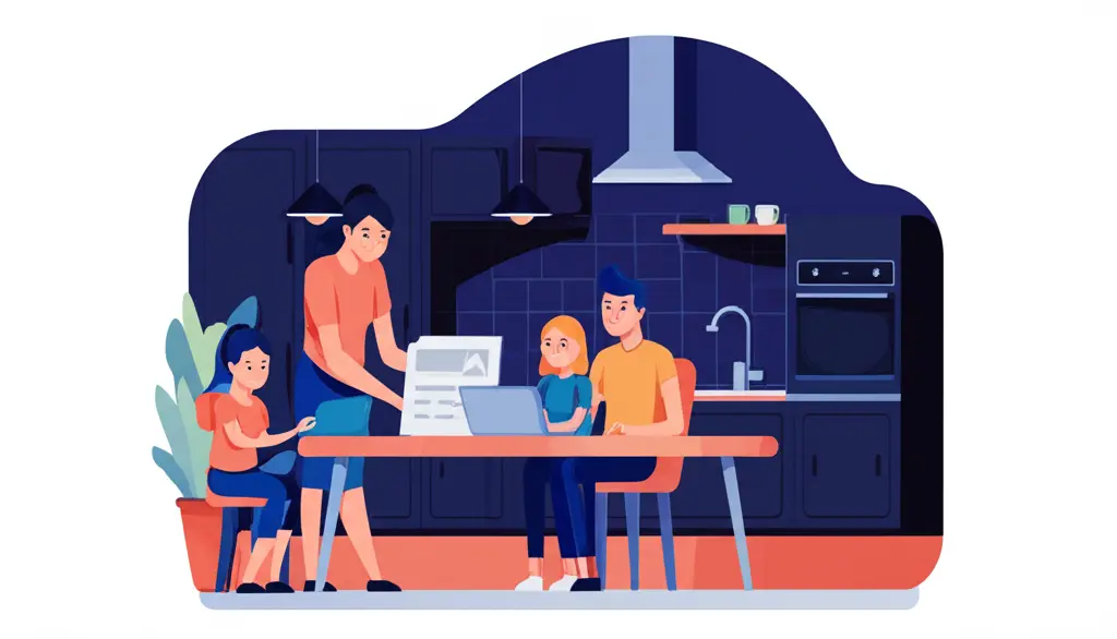 A family sitting at a kitchen table reviewing their insurance policy