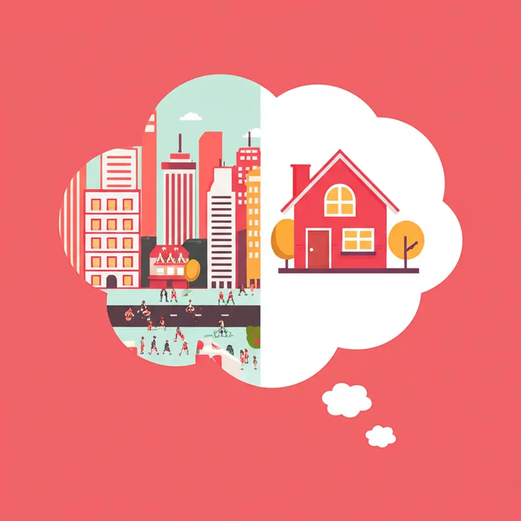 Thought bubble showing a bustling city and a quiet home