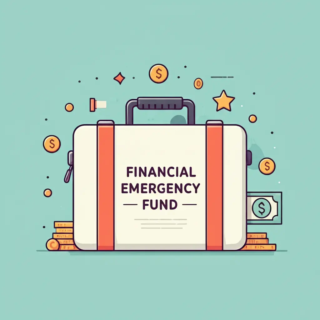 A whimsical cartoon-style emergency kit labeled 'Financial Emergency Fund'