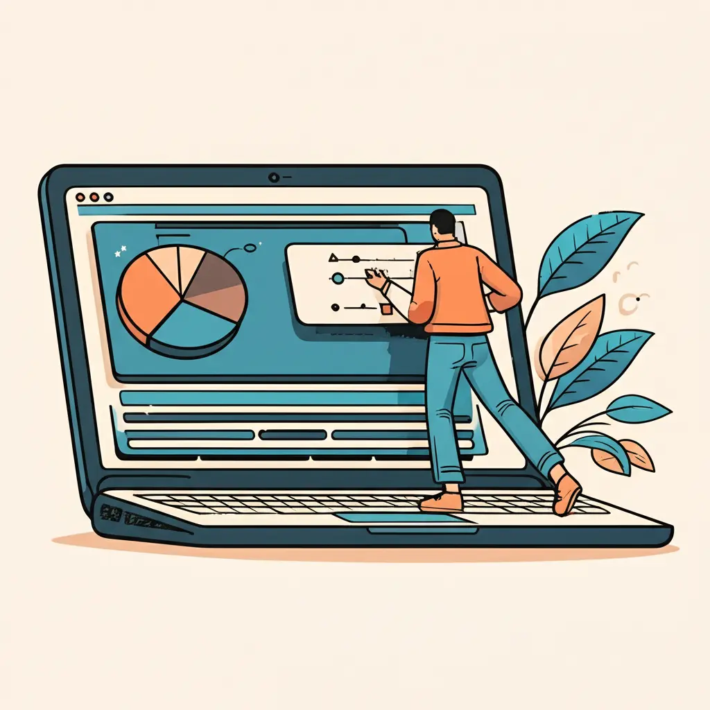 Hand-drawn aesthetic of a person analyzing a dividend yield chart on a laptop.