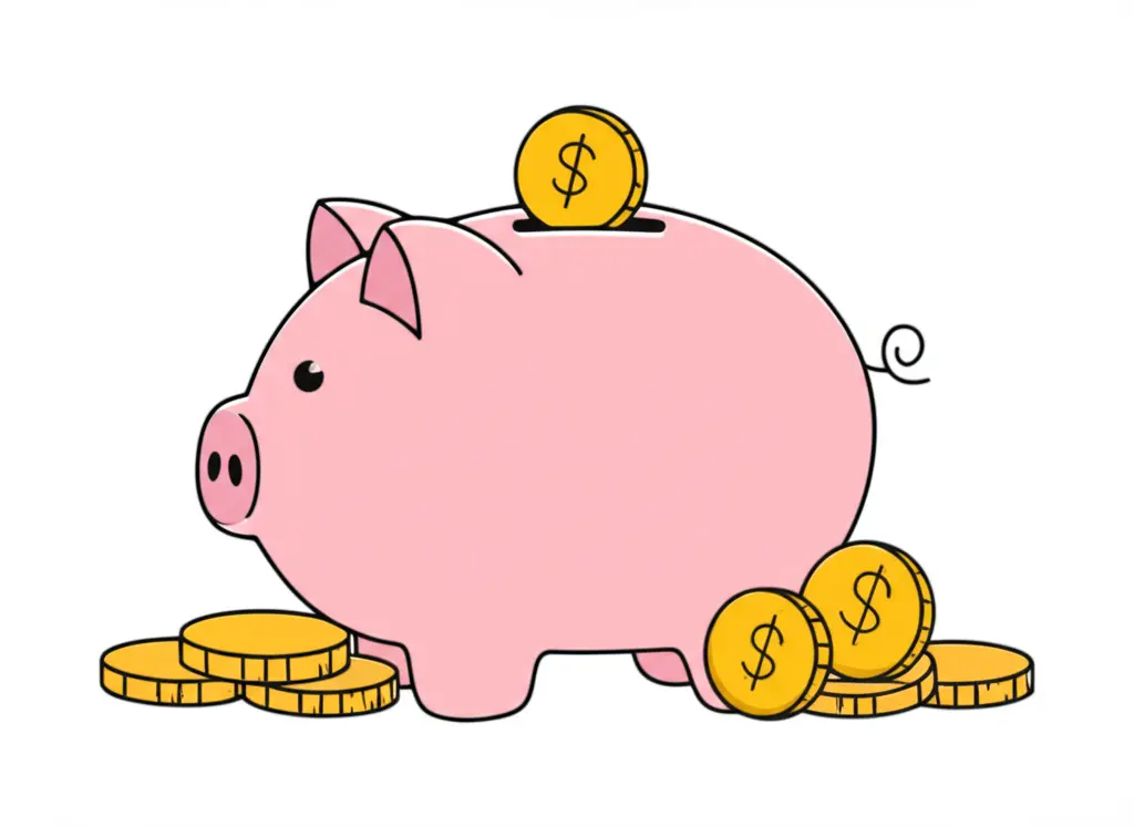 Hand-drawn style image of a piggy bank with coins around it.