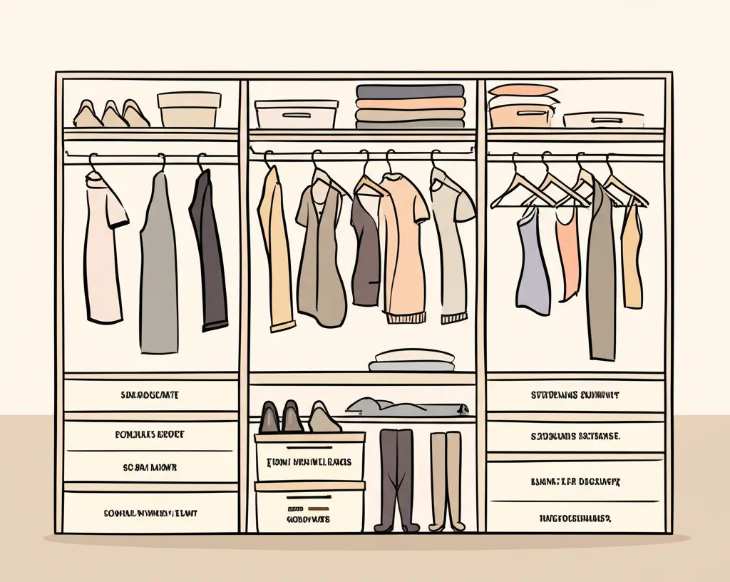 Minimalist closet with labeled storage bins and neatly hung clothes