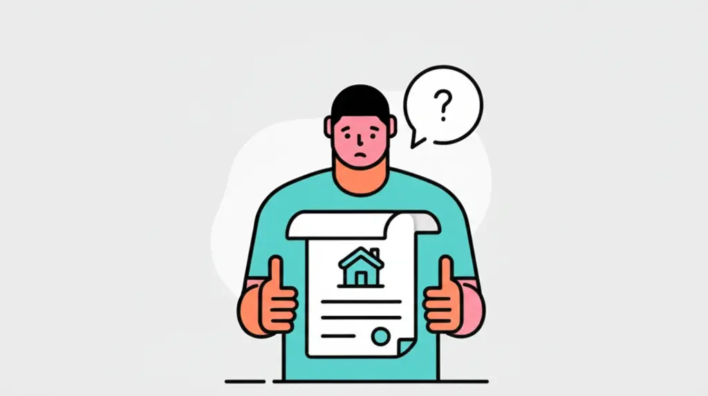 Illustration of a confused person with a question mark, looking at a contract with a house symbol.