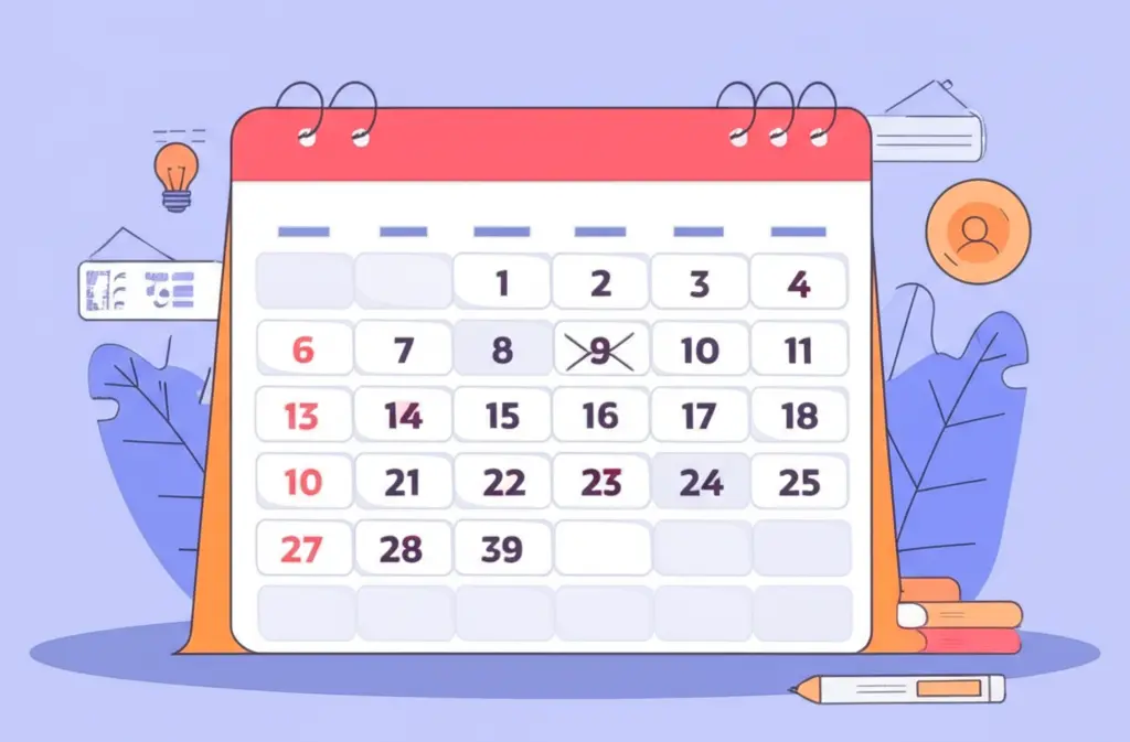 Calendar with marked study days leading up to an exam