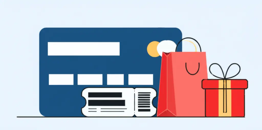 Credit card with a travel ticket, shopping bag, and gift box.
