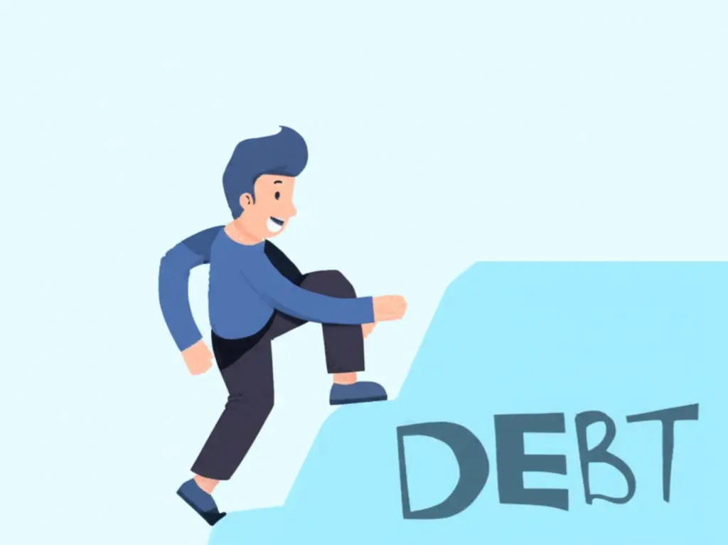 A cartoon-style image of a person climbing a mountain labeled 'Debt', smiling.