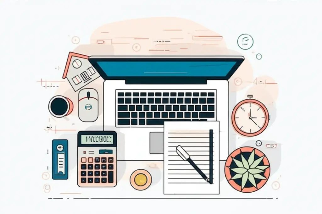 A cozy home office setup with financial planning tools like a calculator and notepad