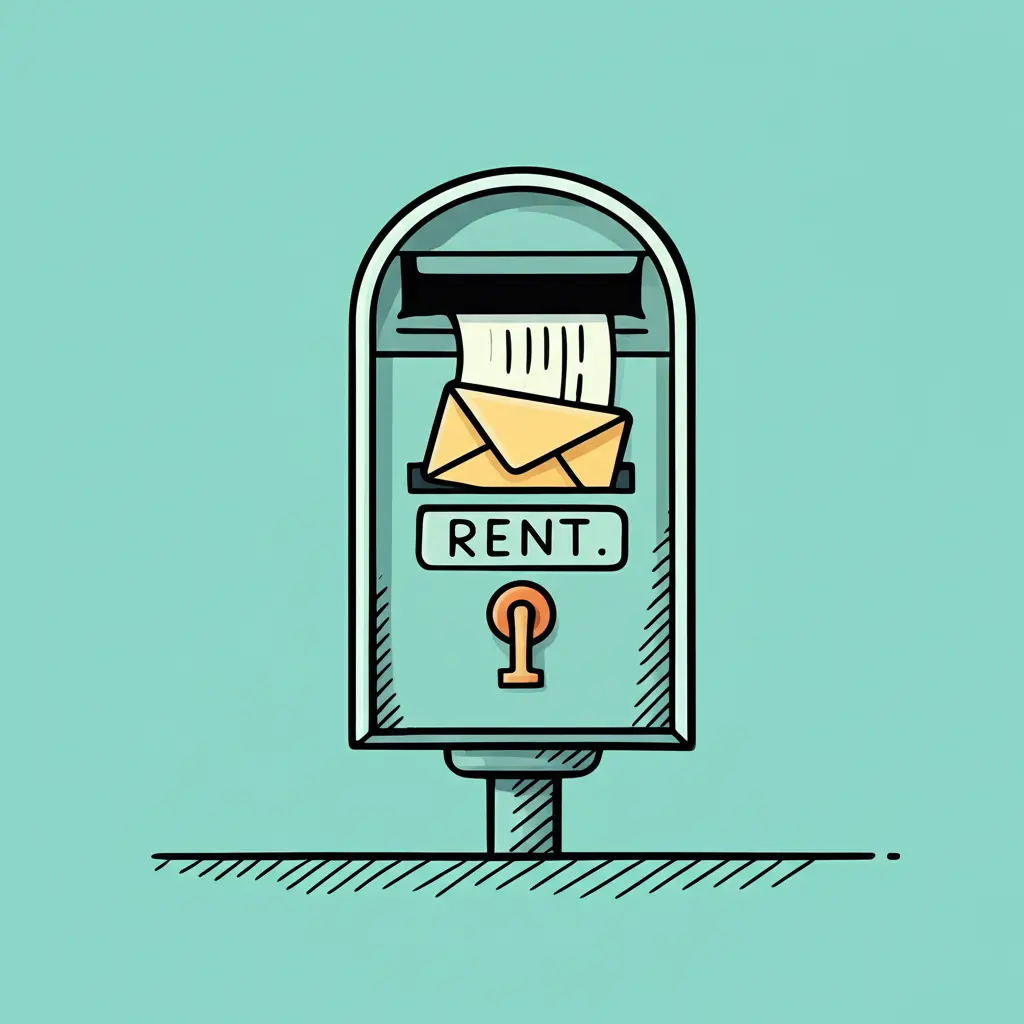 Secure mailbox with an envelope labeled 'Rent.'