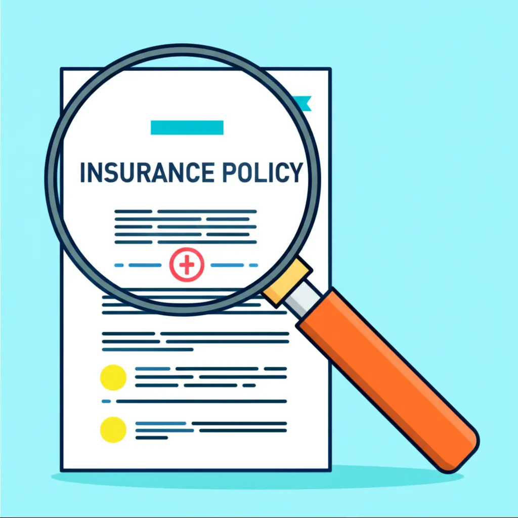 Magnifying glass focusing on a sample insurance policy document.