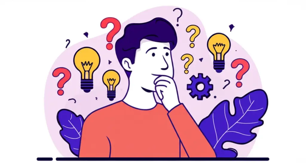 A person surrounded by question marks and lightbulbs, representing decision making.