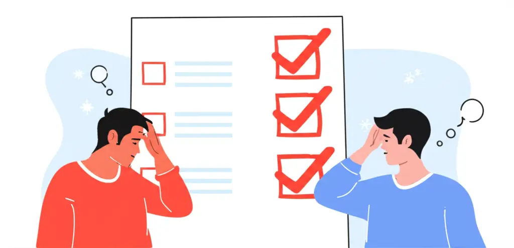 Illustration of a pros and cons checklist with a cartoon character scratching their head evaluating insurance options