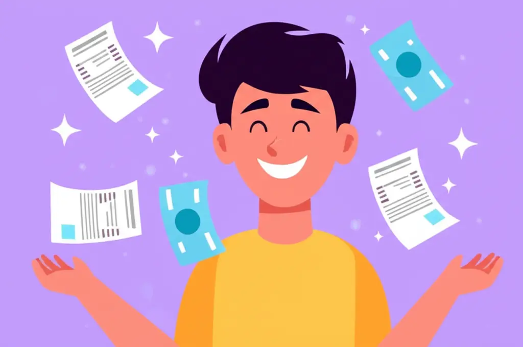 A happy, relaxed person with bills being magically paid