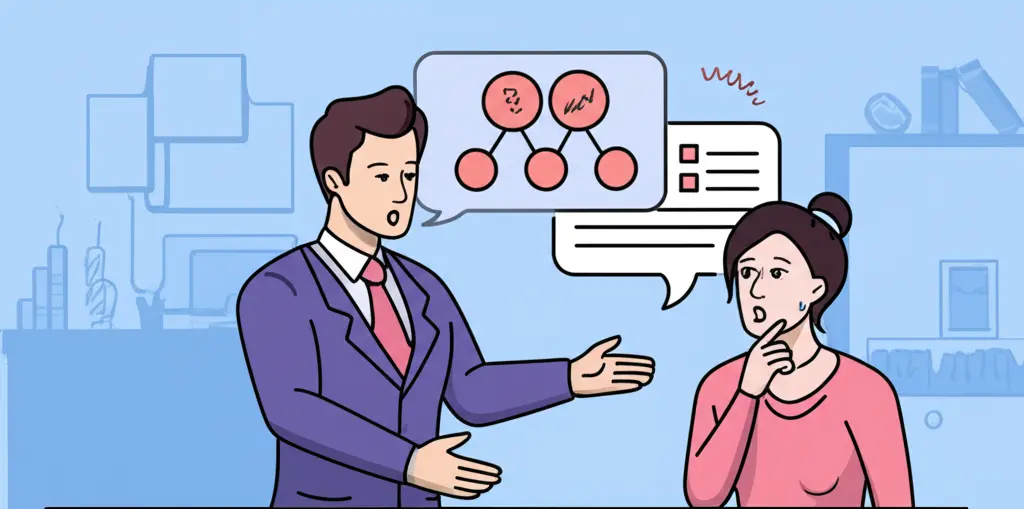 A cartoon-style image of an insurance agent explaining risks to a worried customer.