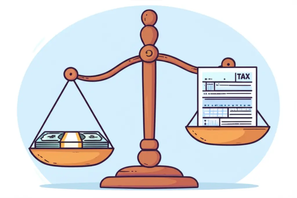 Balance scale with money and tax form