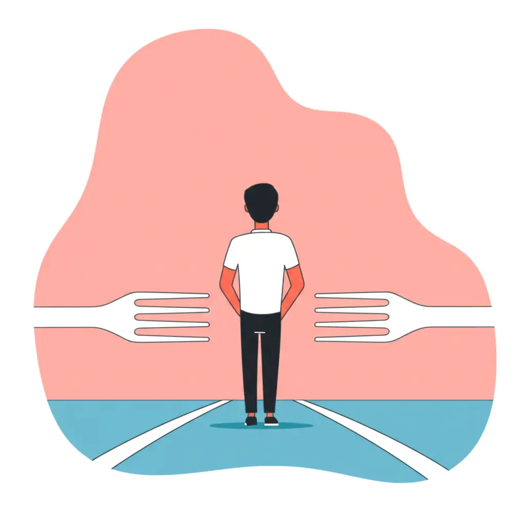 A minimalist cartoon of a person confidently facing a fork in the road
