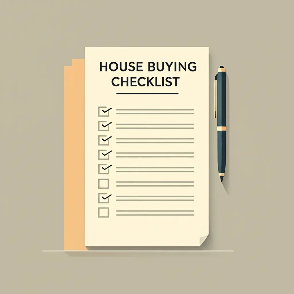 Checklist titled 'House Buying Checklist' on a table