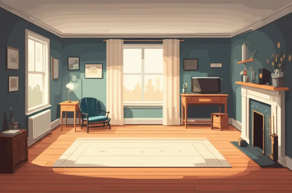 Hand-drawn style of a cozy empty living room before moving in, with sunlight streaming through the window.
