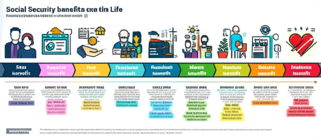 Infographic showing a timeline of Social Security benefits over a lifetime