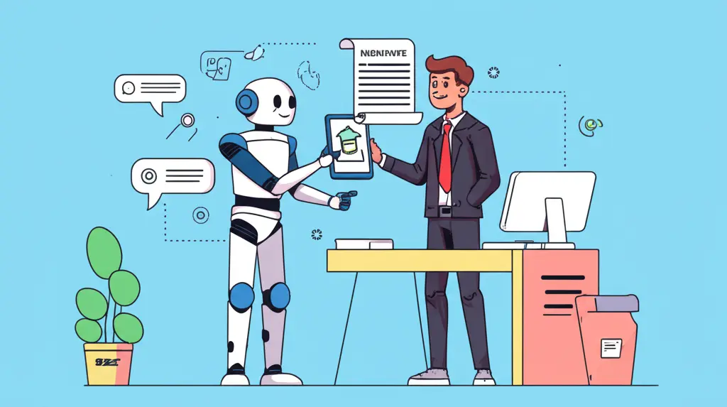 A minimalist illustration of a robot assisting an insurance agent in an office setting.