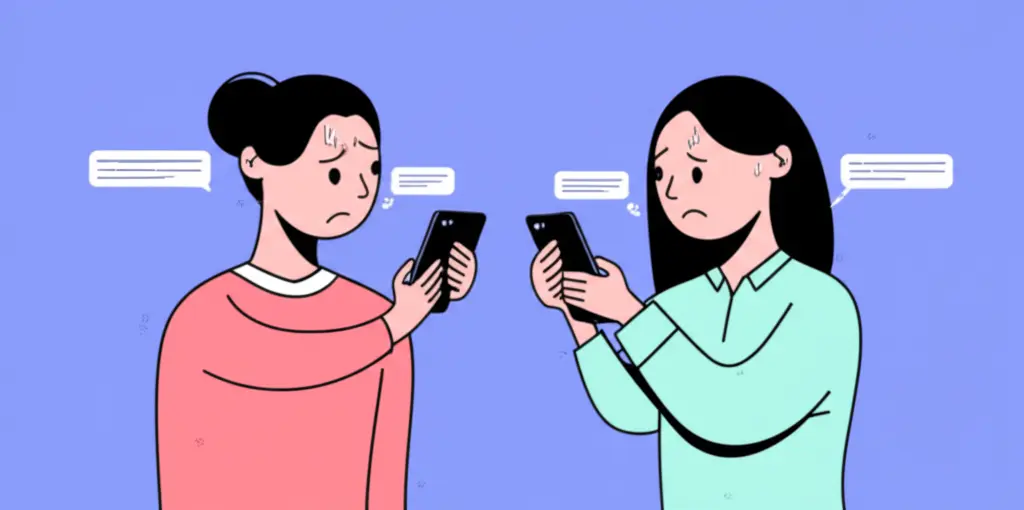 Hand-drawn style image of two people with worried faces on their phones looking at text messages.