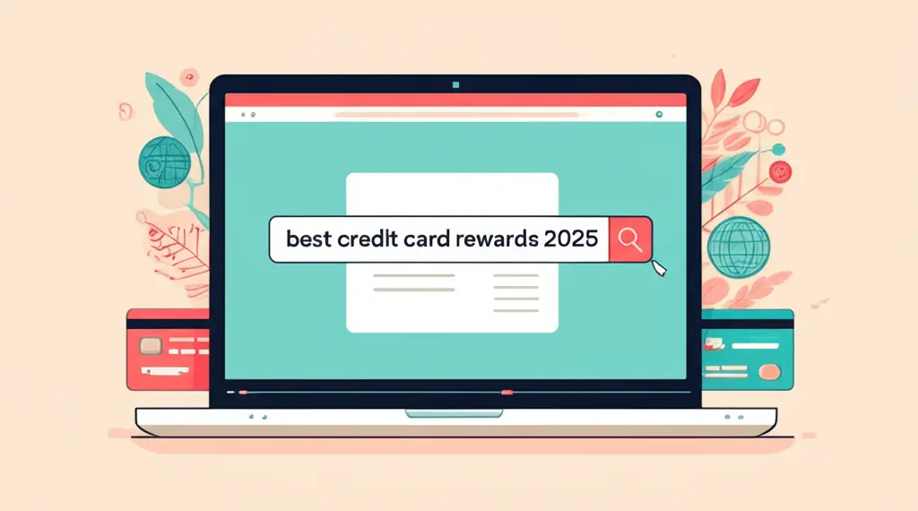 Laptop with search bar displaying 'best credit card rewards 2025'