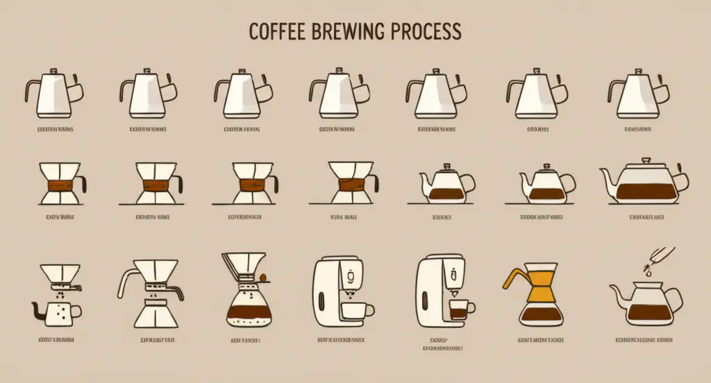 Step-by-step coffee brewing process with labels
