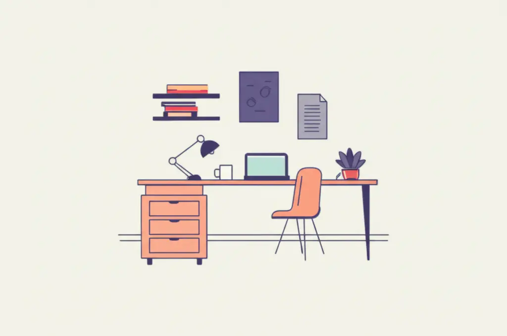 A hand-drawn image of a serene home office setup symbolizing working from home or freelancing.